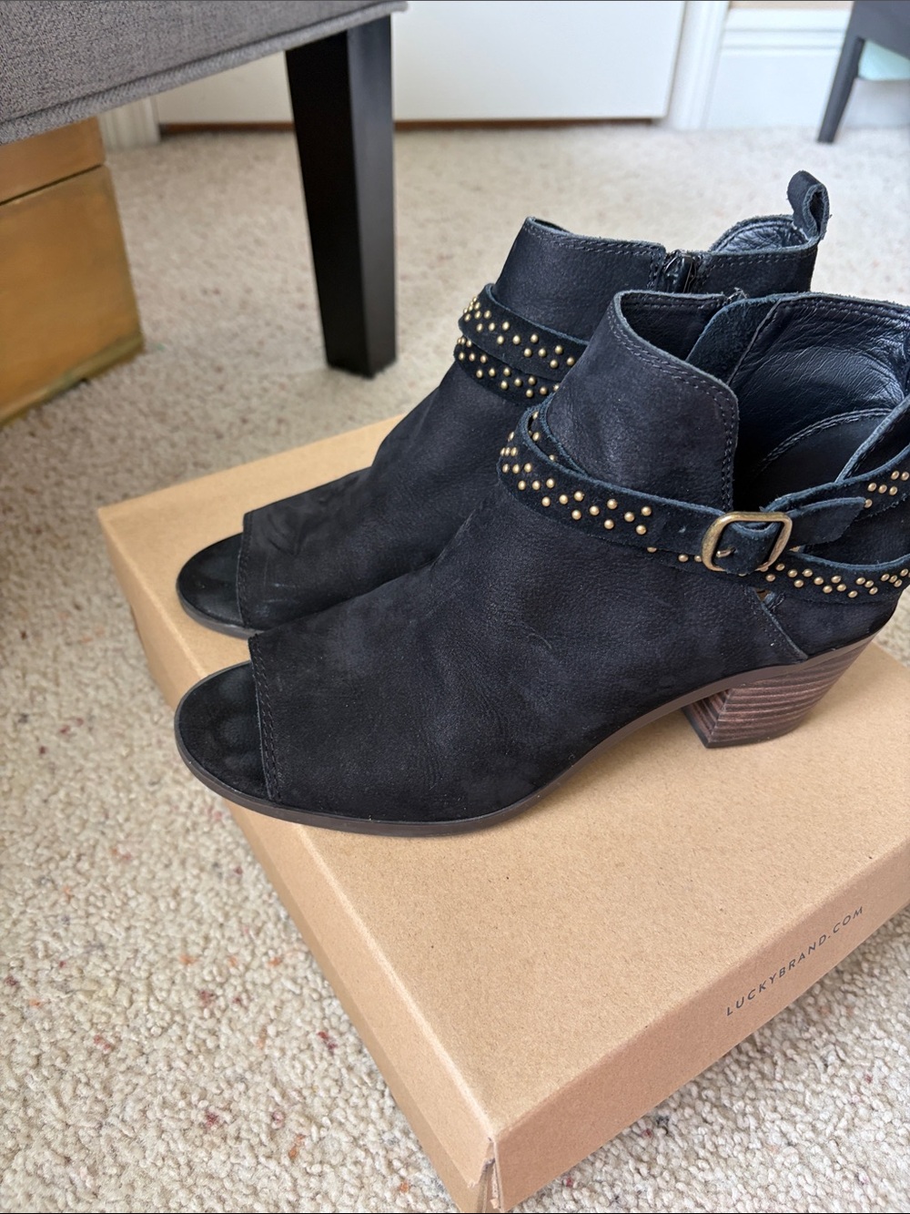Lucky Brand Black Suede Open-Toe Studded Ankle Mules
